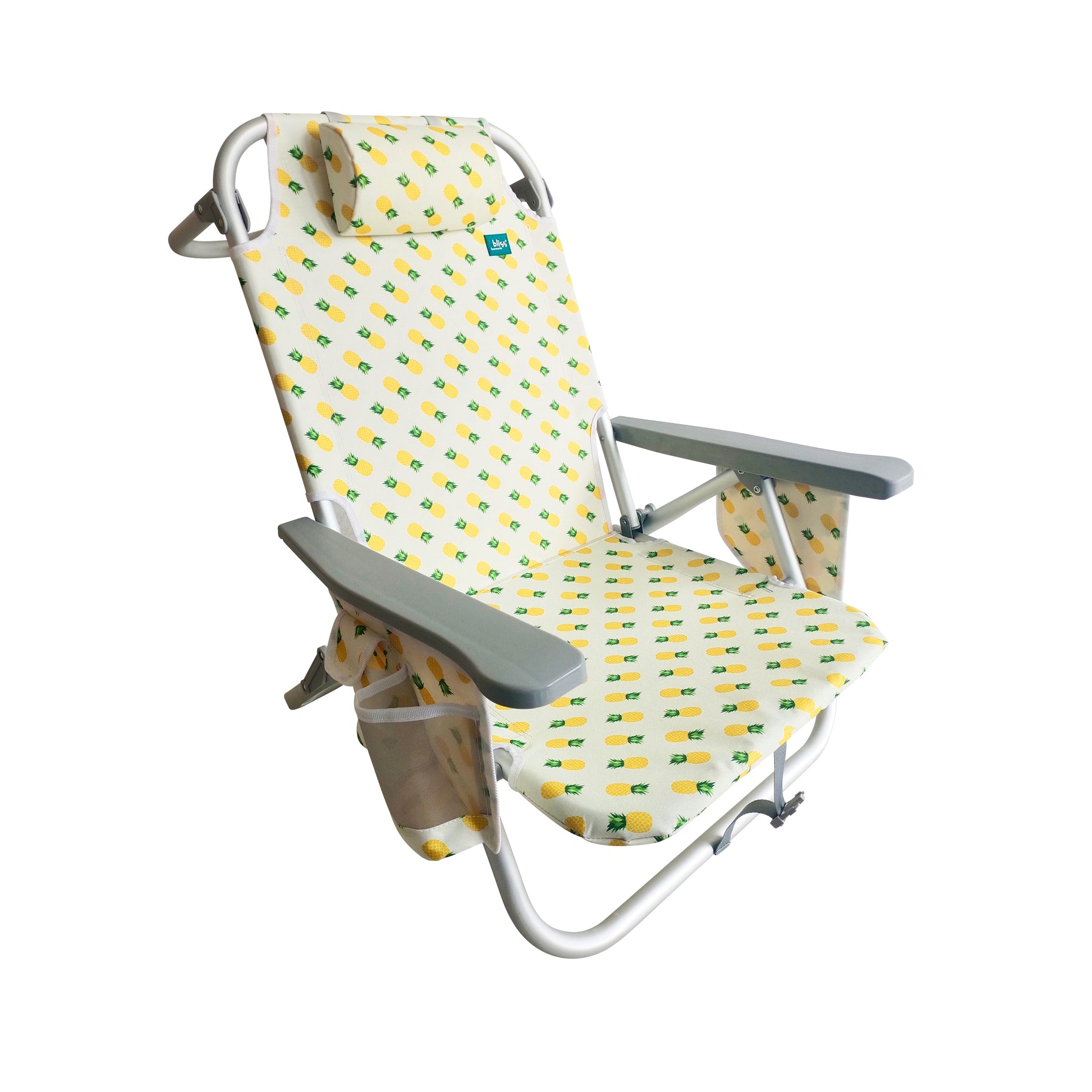 Bliss Hammocks Backpack Aluminum Beach Chair with a Side Pocket, 8 Reclining Positions, Foldable, and a Detachable Cooler Bag. Pineapple variation is a white color with a pineapple pattern.