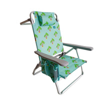 Bliss Hammocks Folding Beach Chair with Towel Rack, cup holder, and side pocket. Palm Tree variation is a light blue color with a palm tree pattern.