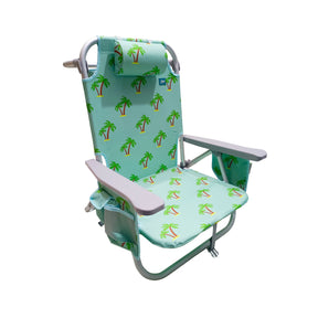 Bliss Hammocks Backpack Aluminum Beach Chair with a Side Pocket, 8 Reclining Positions, Foldable, and a Detachable Cooler Bag. Palm Tree variation is a teal color with a palm tree pattern.