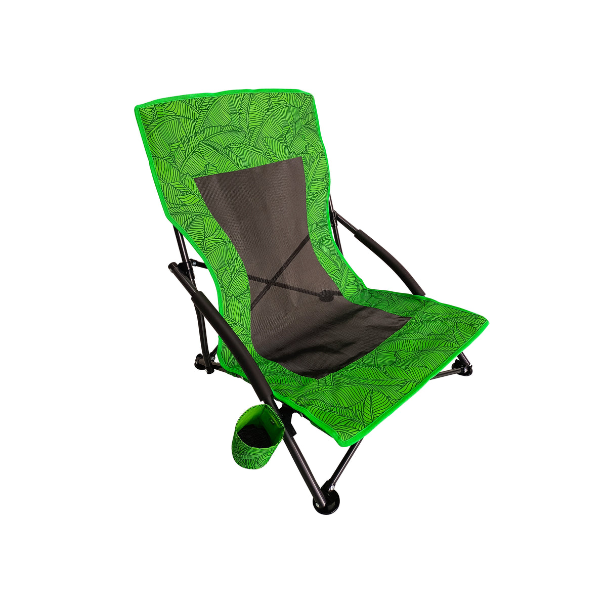 Bliss Hammocks Collapsible Beach Chair with Cup Holders. Green Banana Leaves Variation is a vibrant green color with a banana leaf pattern.