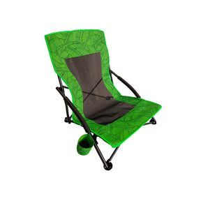 Bliss Hammocks Collapsible Beach Chair with Cup Holders. Green Banana Leaves Variation is a vibrant green color with a banana leaf pattern.