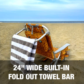 Bliss Hammocks Backpack Aluminum Beach Chair has a 24-inch wide built-in fold out towel bar.