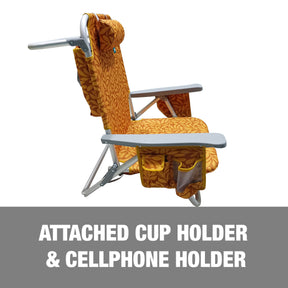 Bliss Hammocks Backpack Aluminum Beach Chair comes with an attached cup holder and cell phone holder.