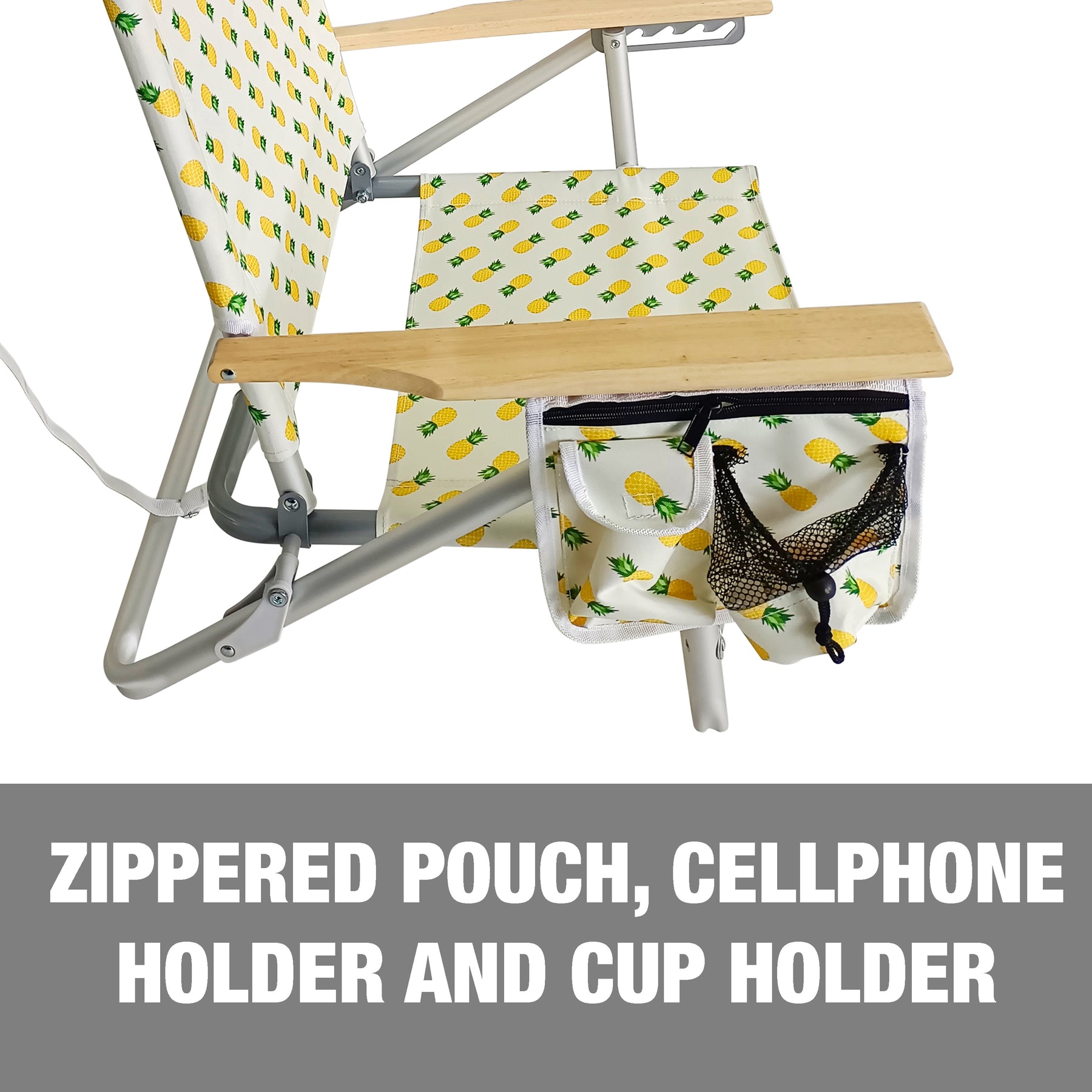 Features a zippered pouch, cellphone holder, and cup holder.
