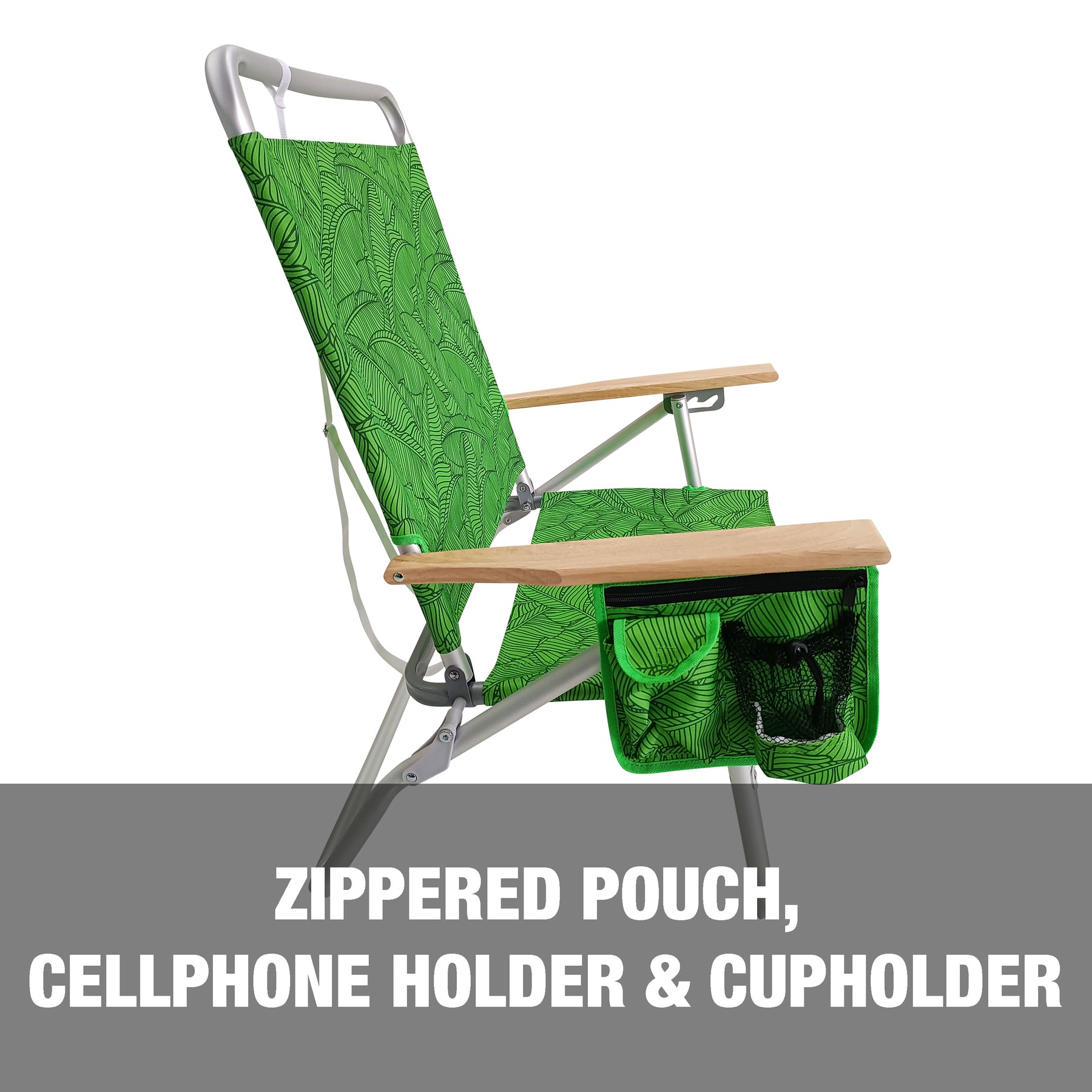 Bliss Hammocks Foldable Beach Chair comes with a zippered pouch, cellphone holder, and cup holder.