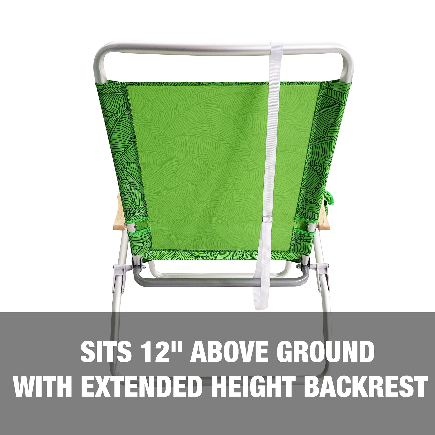 Bliss Hammocks Foldable Beach Chair site 12 inches above the ground with extended height backrest.