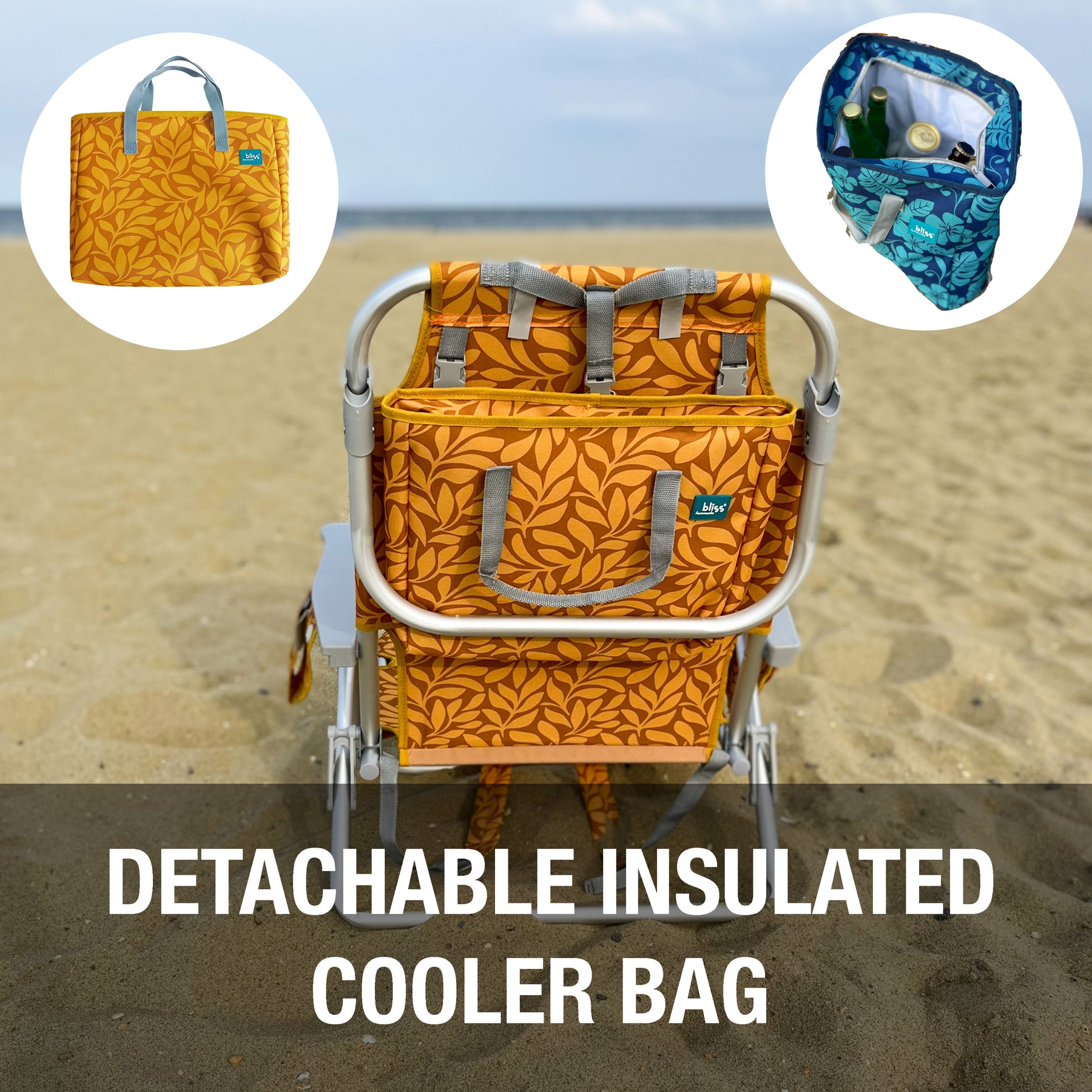 Bliss Hammocks Backpack Aluminum Beach Chair comes with a detachable insulated cooler bag.