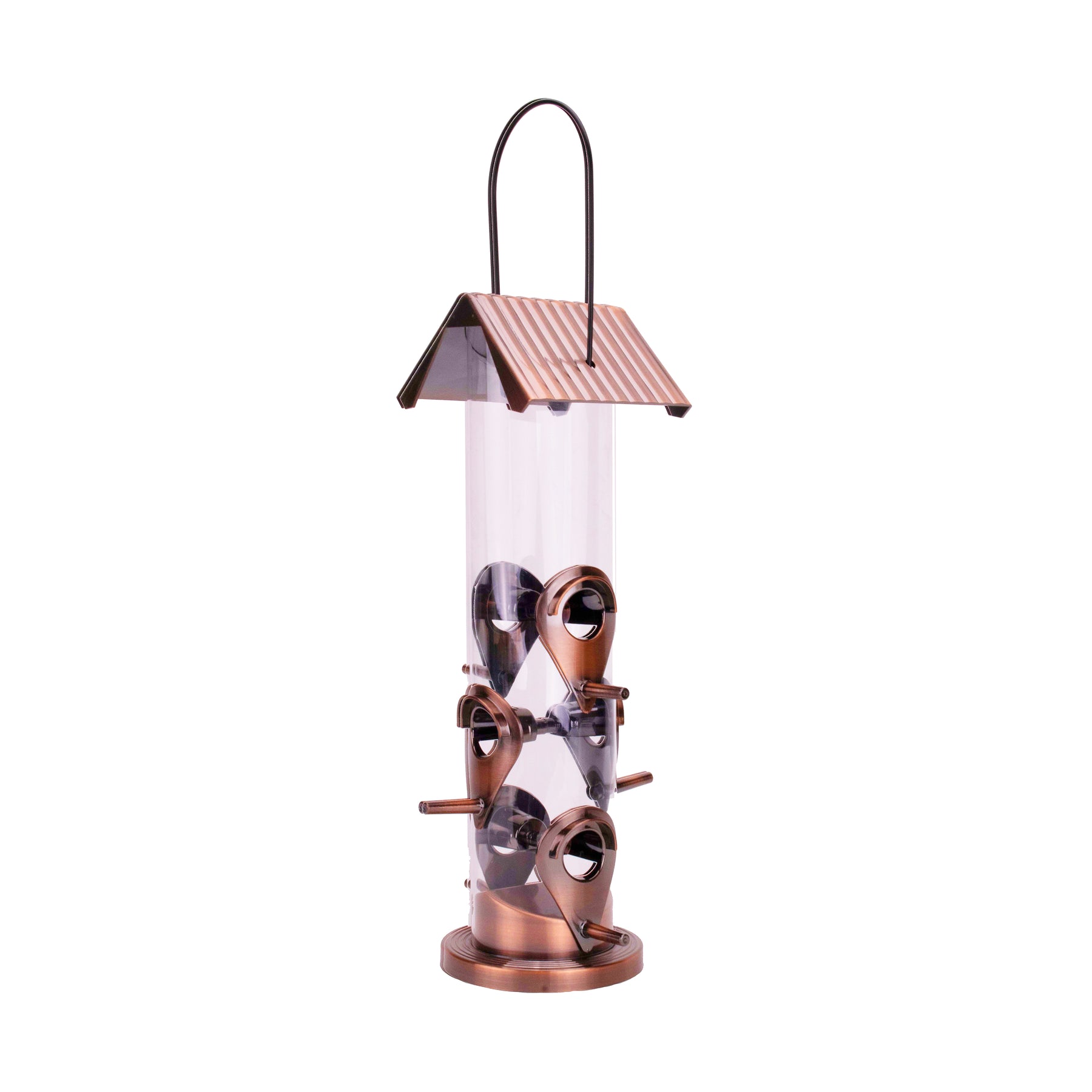 Bliss Outdoors 6-Port Bird Feeder with a copper base, perches, and lid.
