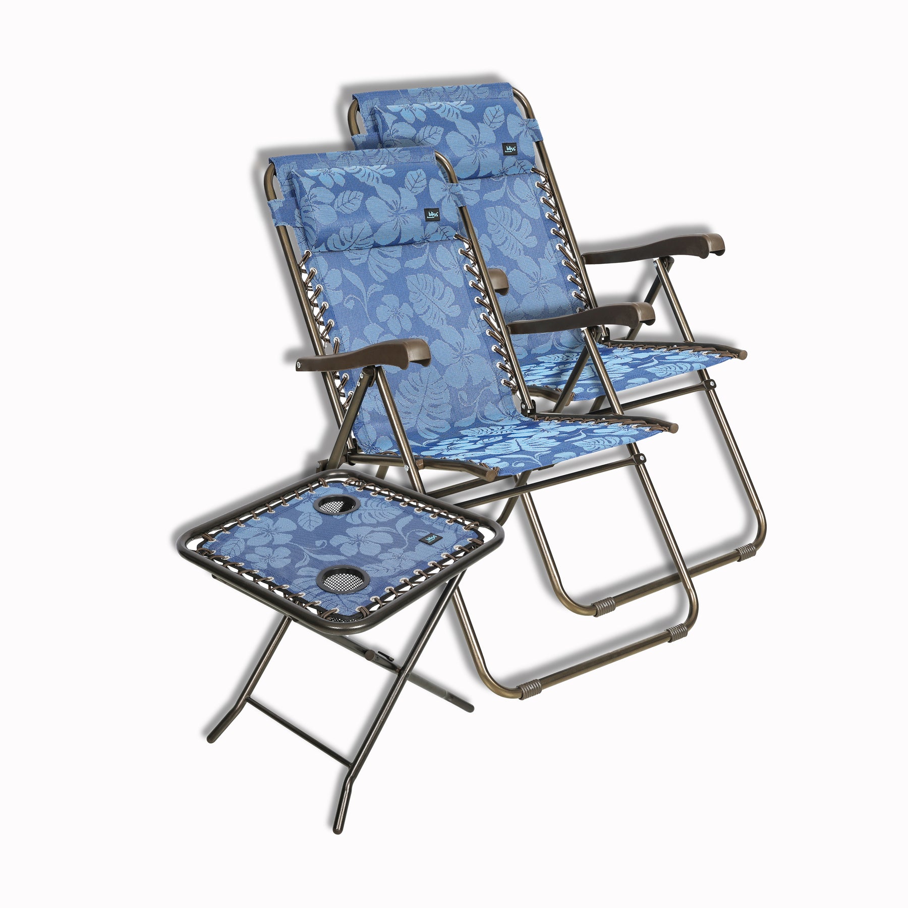 Set of 2 Bliss Hammocks 26-inch Wide Reclining Sling Chair with Pillow plus a Bliss Hammocks 20-inch Folding Side Table with 2 Built-In Cup Holders in the blue flowers variation.