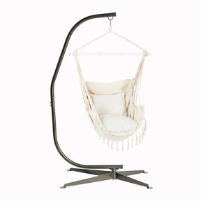 Bliss Hammocks 40-inch Wide Fringed Hammock Chair in the Natural variation hanging from the Bliss Hammocks 84-inch Swing Chair Stand with Hanging Hook.