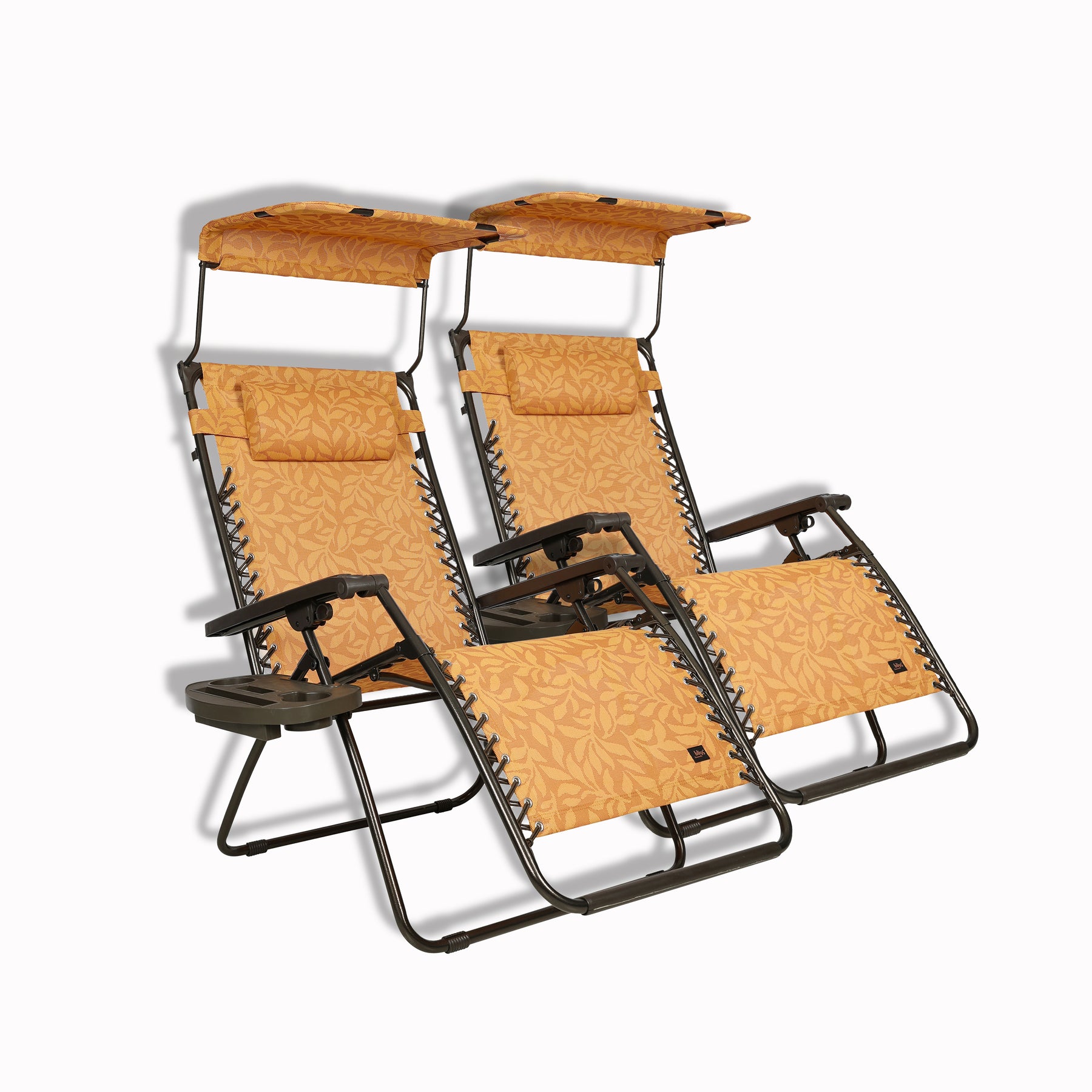 Set of 2 Bliss Hammocks 30-inch Wide XL Zero Gravity Chair with Adjustable Canopy Sun-Shade, Drink Tray, and Adjustable Pillow in the amber leaf variation.