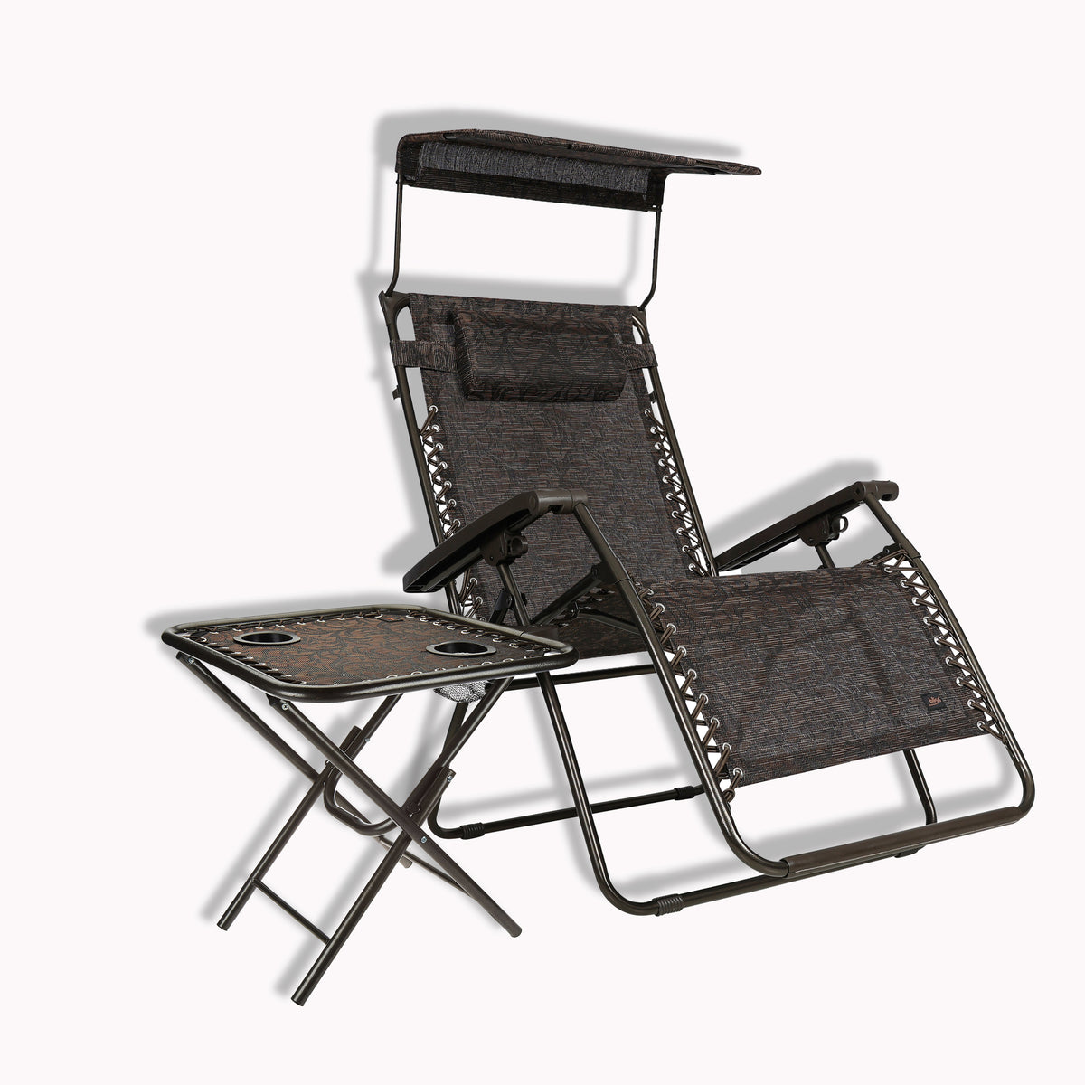 Bliss Hammocks 30-inch Wide XL Brown Jacquard Zero Gravity Chair and a matching side table.
