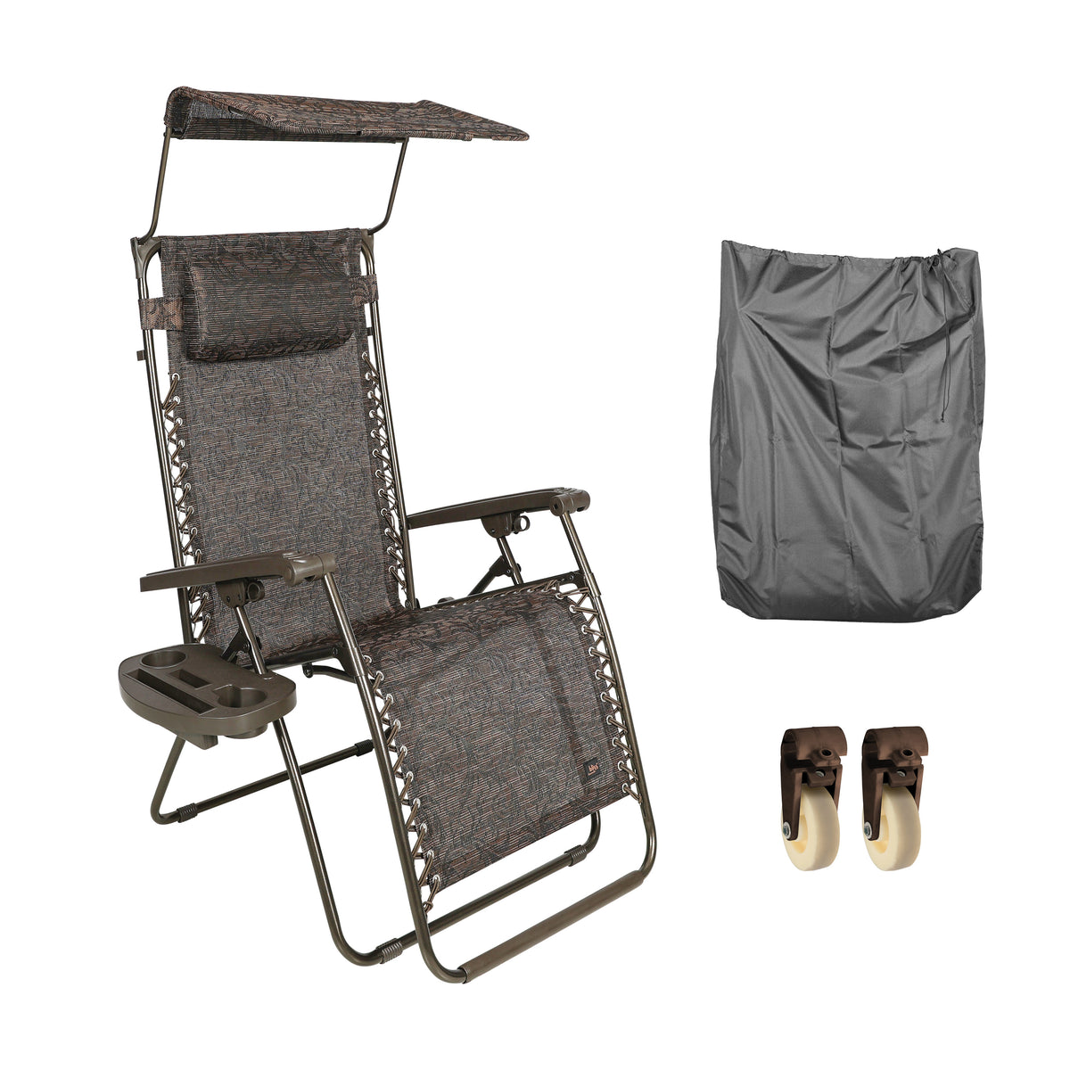 Bliss Hammocks 26-inch Wide Zero Gravity Chair with Canopy, Pillow, and Drink Tray in the brown jacquard variation with a Zero Gravity Chair Furniture Cover and Set of 2 Wheel Kit for Gravity Free Chairs in the brown variation.
