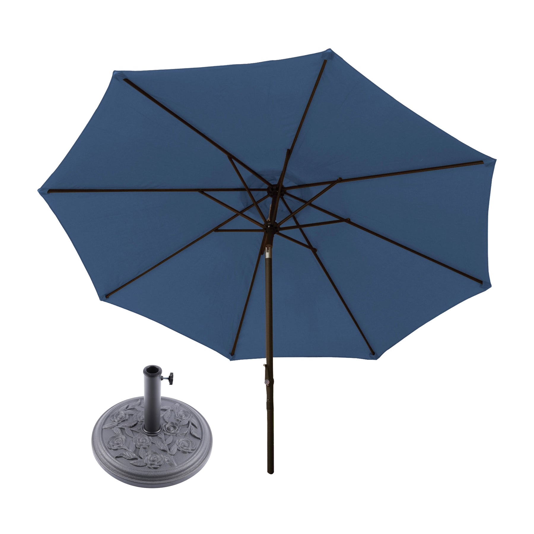 Bliss Outdoors 9-foot Patio Umbrella with Aluminum Pole in the blue variation and a Heavy-Duty Umbrella Base in the rose variation.
