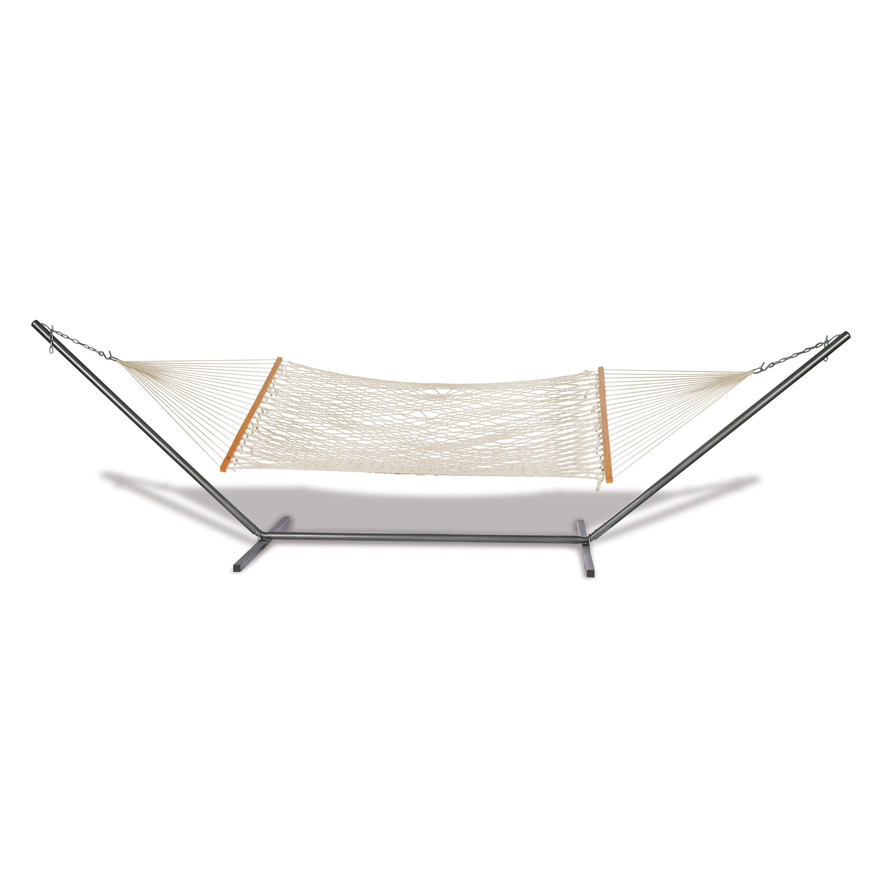 Bliss Hammocks 60-inch Wide Cotton Rope Hammock with Spreader Bar, S Hooks, and Chains in the white variation chained to the Bliss Hammocks 15-foot Hammock Stand with Hanging Hooks in the black variation.