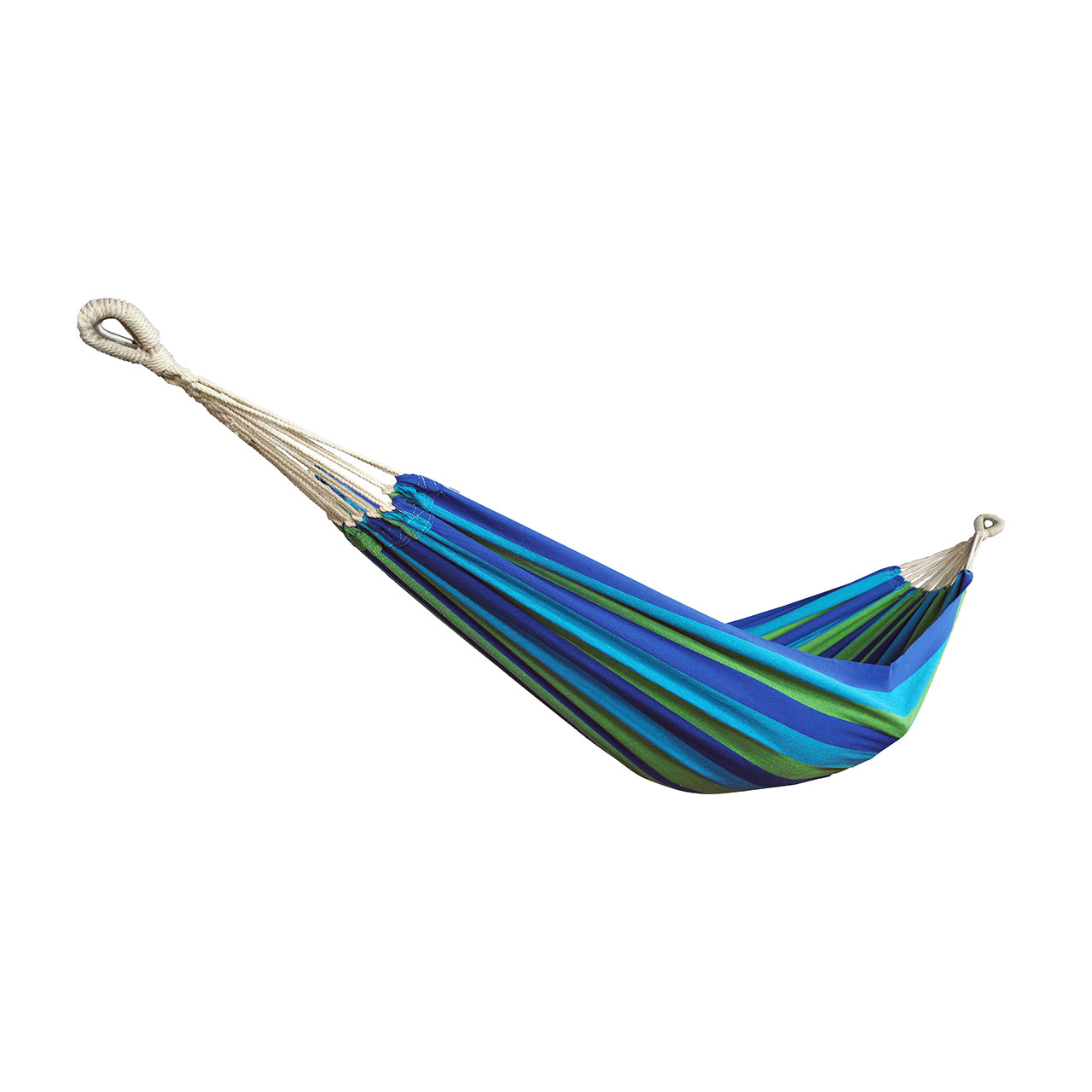 Bliss Hammocks 40-inch Wide Hammock in a Bag with Hand-woven Rope loops in the seabreeze stripe variation.