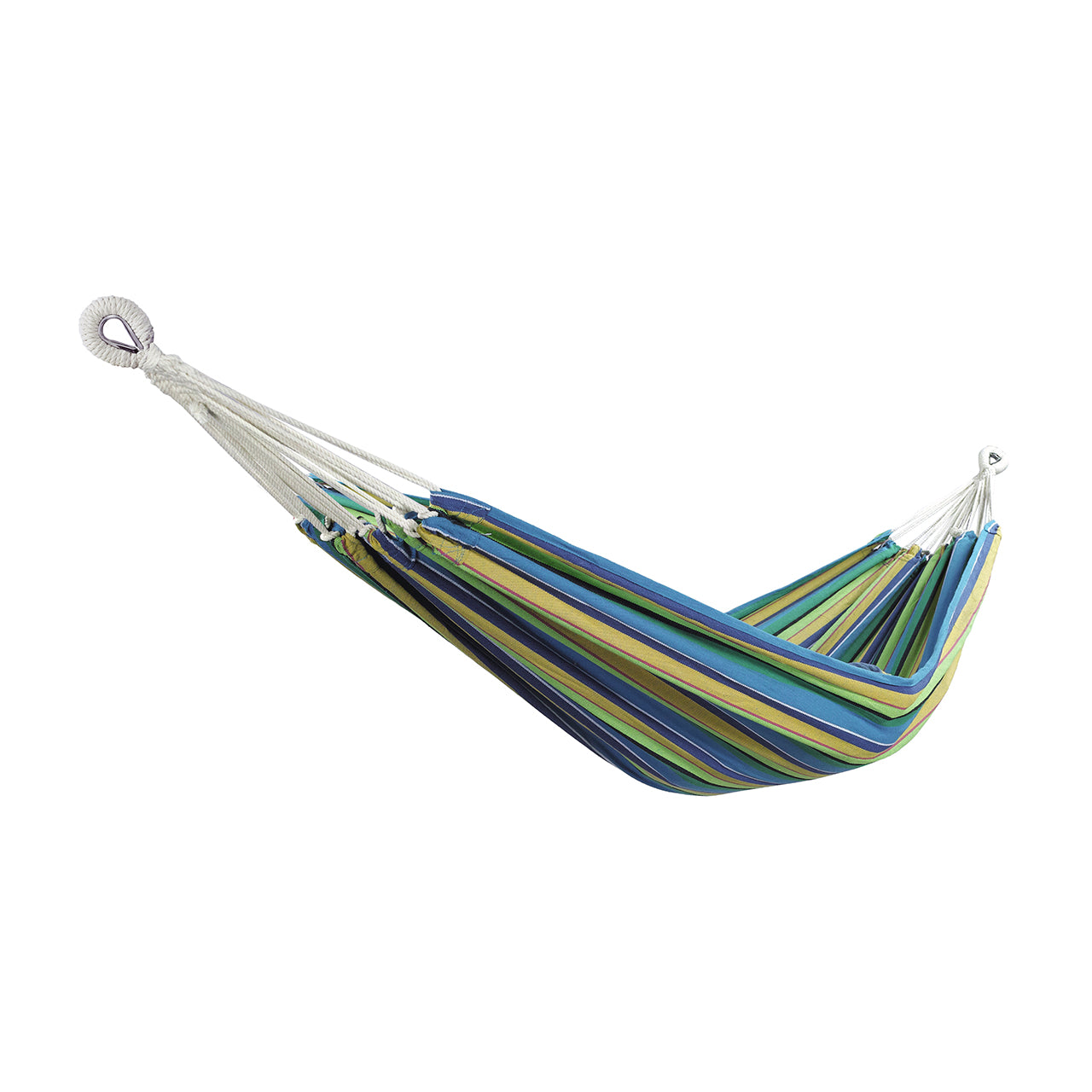 Bliss Hammocks 40-inch Wide Hammock in a Bag with Hand-woven Rope loops in the rainforest stripe variation.