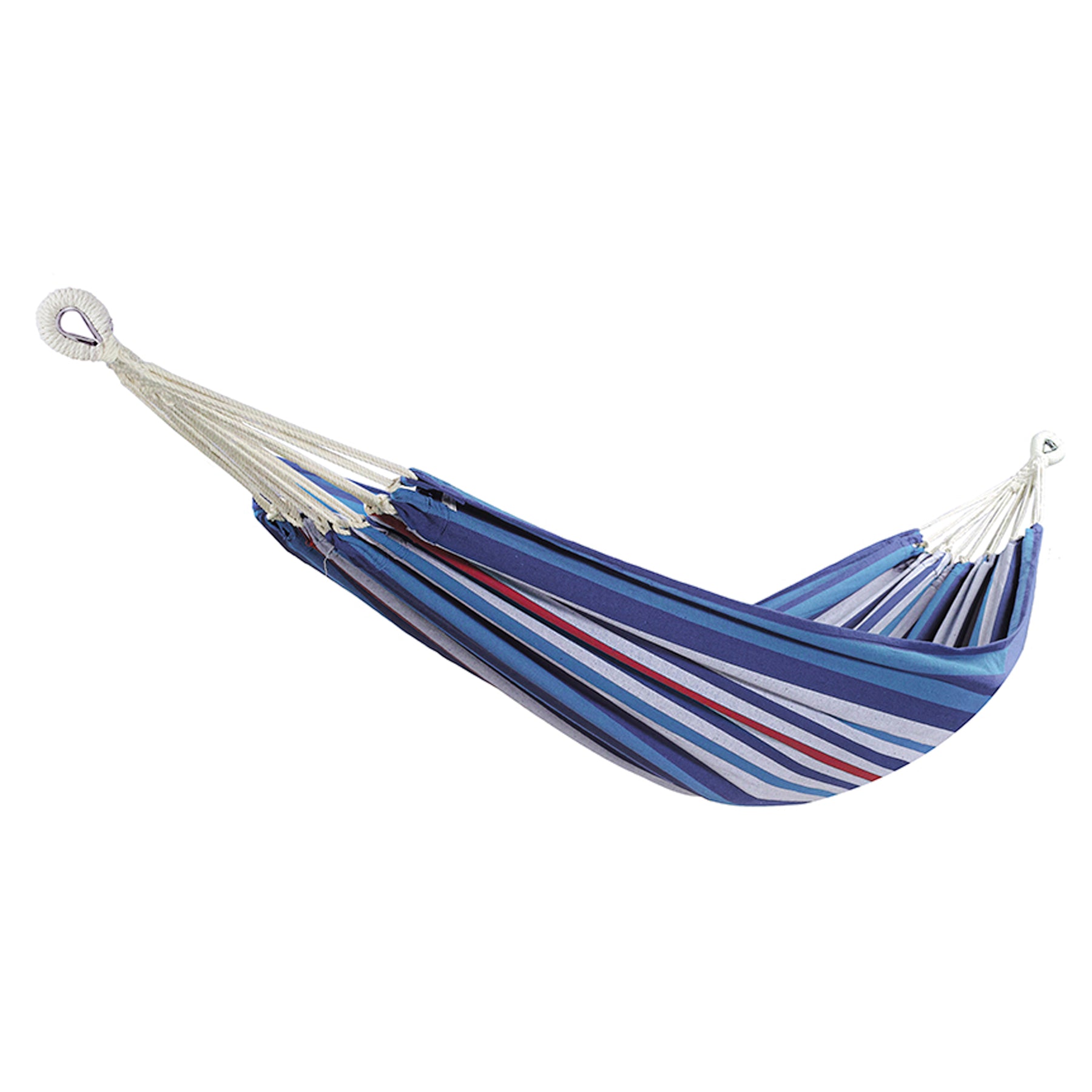 Bliss Hammocks 40-inch Wide Hammock in a Bag w/ Hand-woven Rope loops. It is mostly shades of blue with some white and red stripes.
