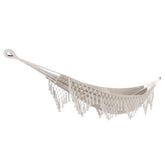 Bliss Hammocks 40-inch Wide Hammock in a Bag with Fringe. An off-white color with rope loops to hang on a hammock stand.