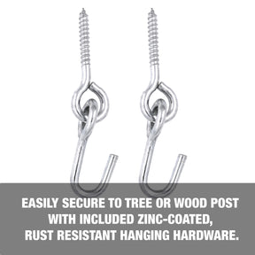Easily secure to a tree or wood post with included zinc-coated, rust-resistant hanging hardware.