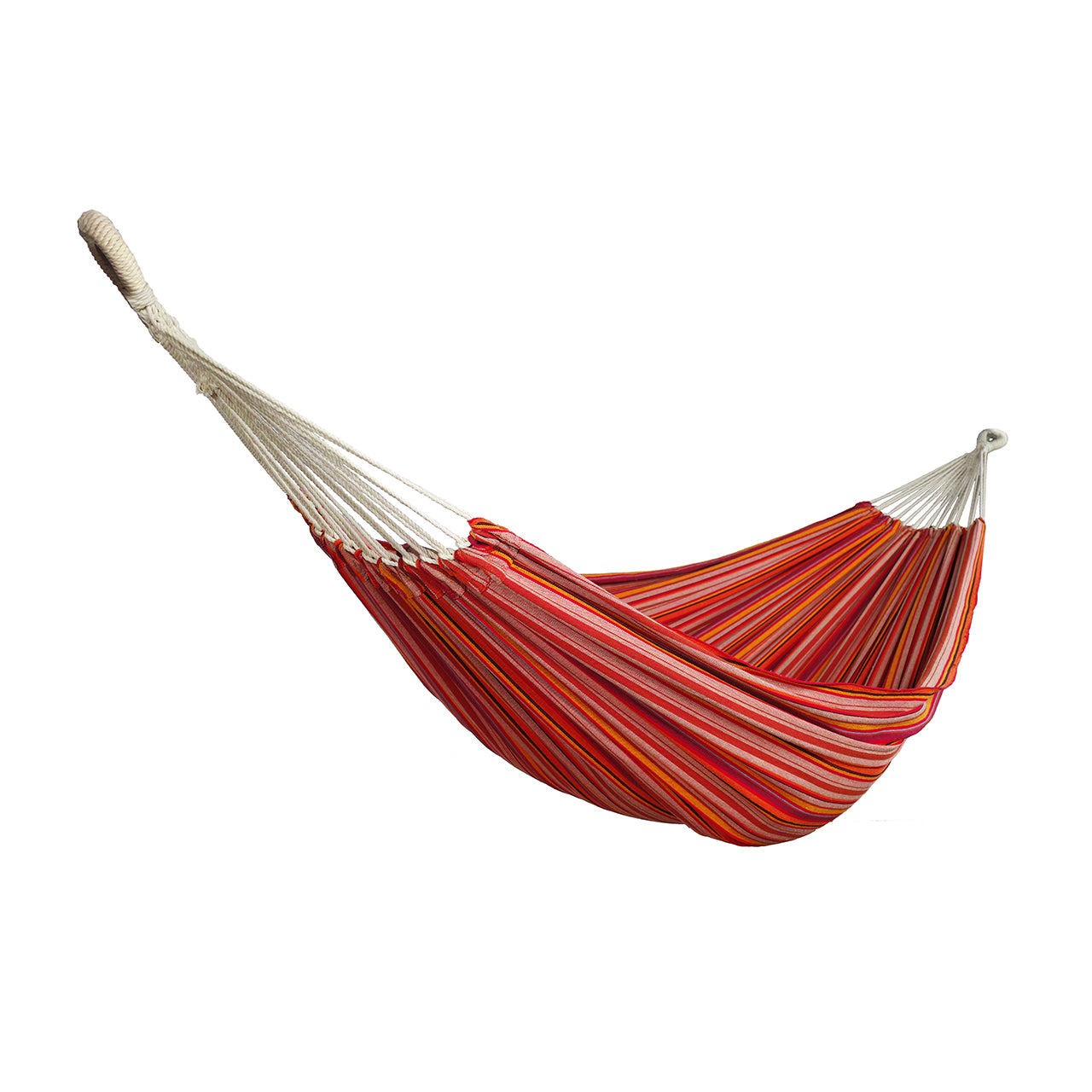 Bliss Hammocks 60-inch Wide Double Hammock in a Bag with Hand-woven Rope loops in the Toasted almond Stripe variation.