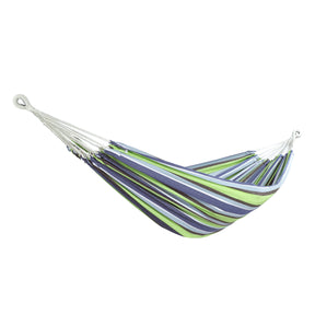 Bliss Hammocks 60-inch Wide Double Hammock in a Bag with Hand-woven Rope loops in the Blue Honu Stripe variation.