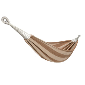 Bliss Hammocks 60-inch Wide Double Hammock in a Bag with Hand-woven Rope loops in the Cappuccino Stripe variation.