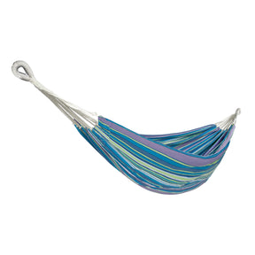 Bliss Hammocks 60-inch Wide Double Hammock in a Bag with Hand-woven Rope loops in the Malibu Stripe variation.