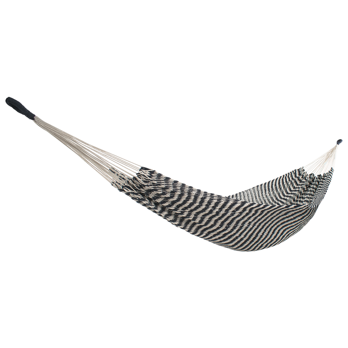 Bliss Hammocks 39-inch Brazilian Style Rope Hammock with Braided Rope Ends with a zebra-like pattern.