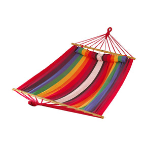 Bliss Hammocks 48-inch Wide Caribbean Hammock with Pillow, Velcro Straps, and Chains in the tequila sunrise stripe variation.