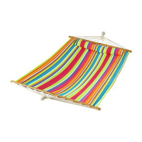 Bliss Hammocks 48-inch Wide Caribbean Hammock with Pillow, Velcro Straps, and Chains in the tropical fruit stripe variation.