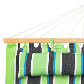 Close-up of the corner of the Bliss Hammocks 48-inch Wide Caribbean Hammock, showing the pillow, spreader bar, and ropes.