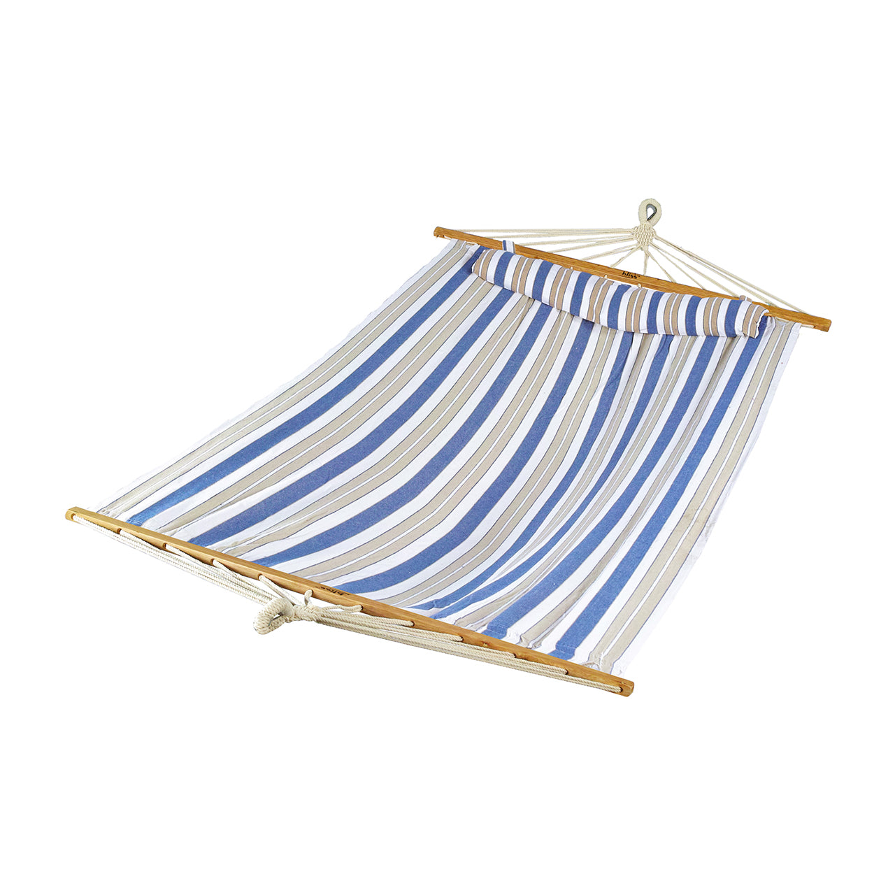 Bliss Hammocks 48-inch Wide Caribbean Hammock with Pillow, Velcro Straps, and Chains in the nautical stripe variation.