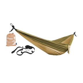 Bliss Hammocks 52-inch Wide Hammock in the desert variation, with includes tree straps and carry bag to the left of it.