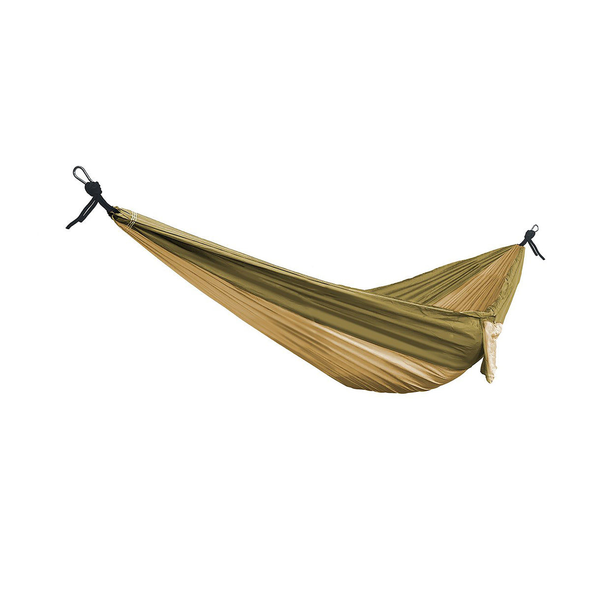Bliss Hammocks 52-inch Wide Hammock in a Bag with Carabiners and Tree Straps in the desert variation: army green on the top half and a sandy color on the bottom.