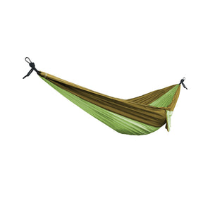 Bliss Hammocks 52-inch Wide Hammock in a Bag with Carabiners and Tree Straps in the forest green variation: brownish-green on the top half and a light green color on the bottom.
