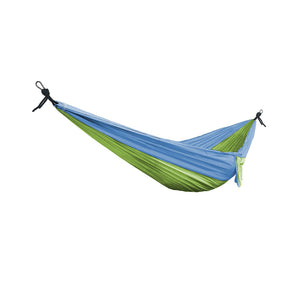 Bliss Hammocks 52-inch Wide Hammock in a Bag with Carabiners and Tree Straps in the mermaid variation: light blue on the top half and a light green color on the bottom.