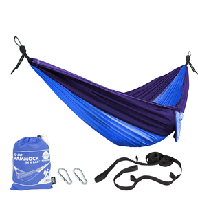Bliss Hammocks 52-inch Wide Hammock in a Bag in the royal bliss variation with tree straps, carabiners, and carry bag below it.