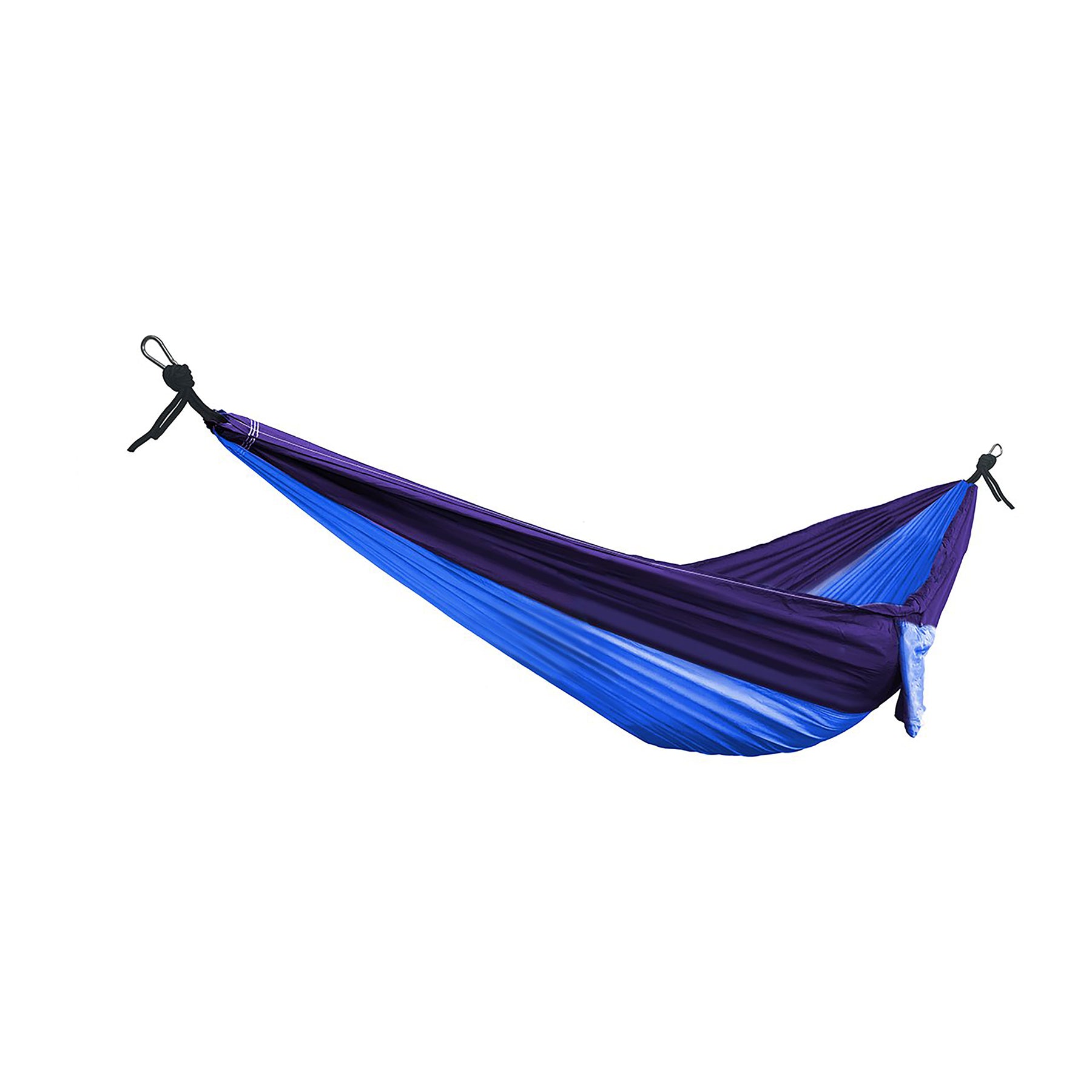 Bliss Hammocks 52-inch Wide Hammock in a Bag with Carabiners and Tree Straps in the royal bliss variation: dark blue on the top half and a light blue color on the bottom.