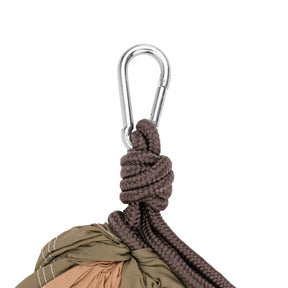 Close-up of rope from the Bliss Hammocks 52-inch Wide Hammock in the desert variation knotted to a carabiner.