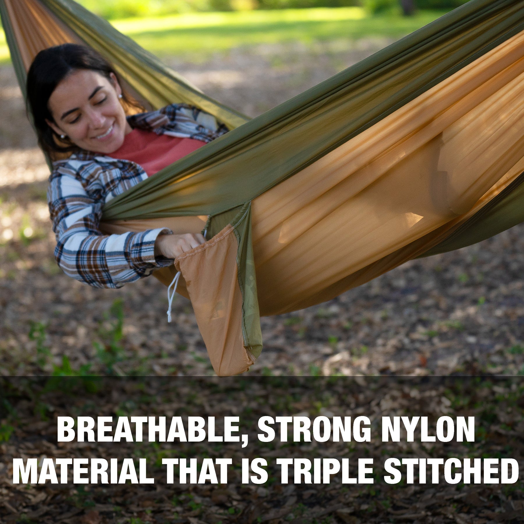 Bliss Hammocks 52-inch Wide Hammock in a Bag is made of breathable, strong nylon material that is triple stitched.