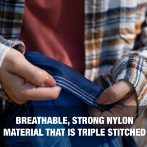 Breathable, strong nylon material that is triple stitched.