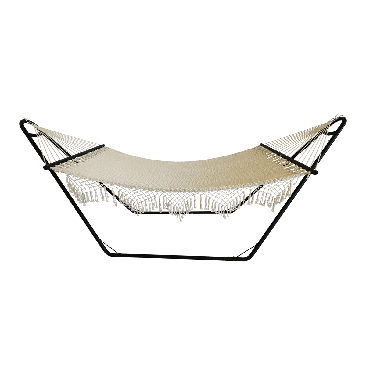 Side view of the Bliss Hammocks 48-inch Tahiti Hammock With Spreader Bars and decorative fringe on the sides.