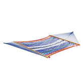 Bliss Hammocks 60-inch Wide Multi-Color Rope Hammock with Spreader Bars. The rope is orange, yellow, and red on the sides, with shades of blue covering a majority of the middle section.
