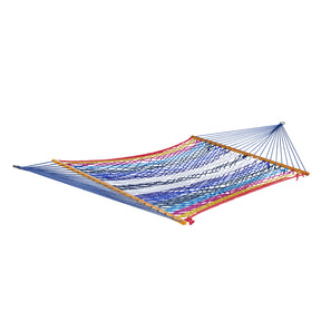 Bliss Hammocks 60-inch Wide Multi-Color Rope Hammock with Spreader Bars. The rope is orange, yellow, and red on the sides, with shades of blue covering a majority of the middle section.