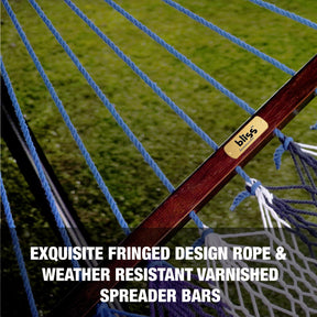 Exquisite fringed design rope and weather resistant varnished spreader bars.