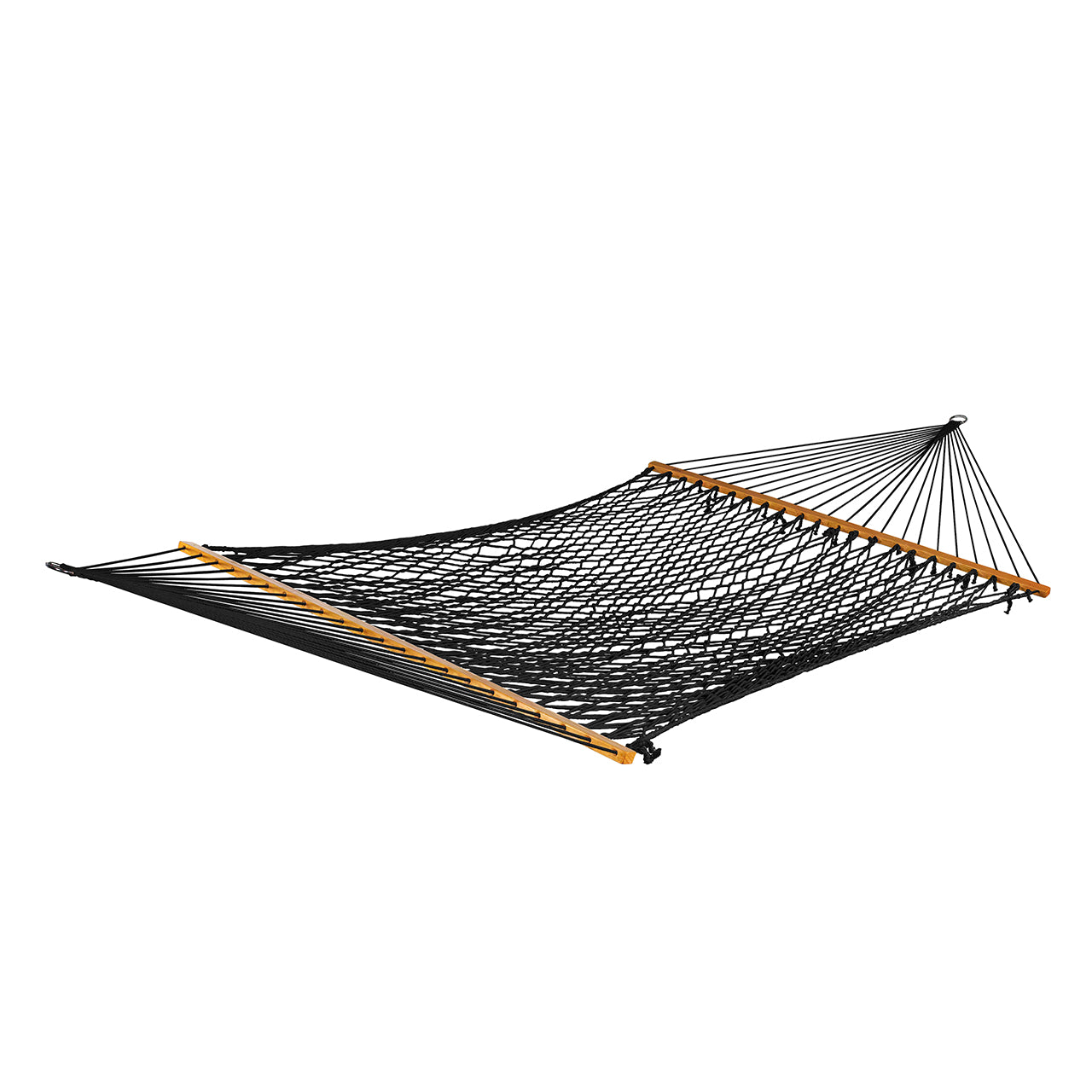 Bliss Hammocks 60-inch Wide Cotton Rope Hammock with Spreader Bar, S Hooks, and Chains in the black variation.