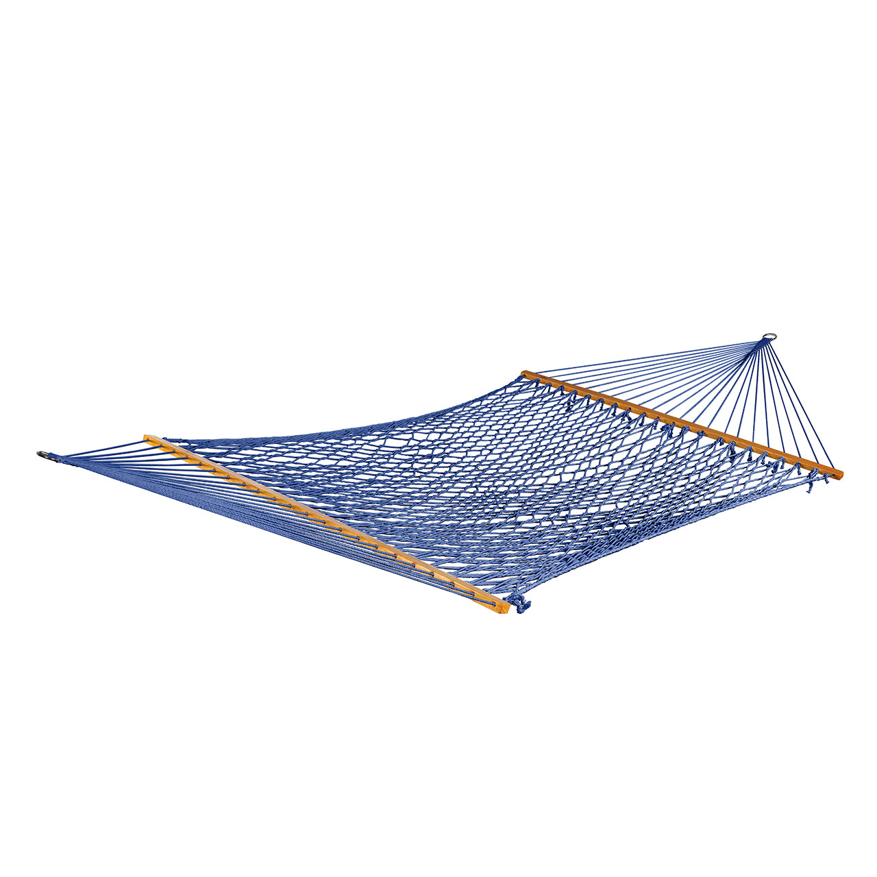 Bliss Hammocks 60-inch Wide Cotton Rope Hammock with Spreader Bar, S Hooks, and Chains in the blue variation.