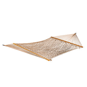 Bliss Hammocks 60-inch Wide Cotton Rope Hammock with Spreader Bar, S Hooks, and Chains in the brown variation.