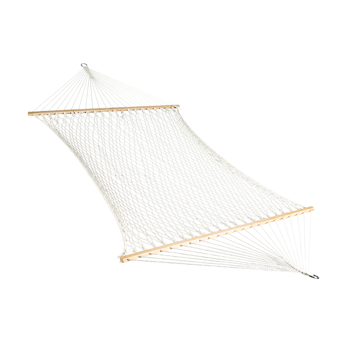 Bliss Hammocks 60-inch Wide Cotton Rope Hammock with Spreader Bar, S Hooks, and Chains in the white variation.